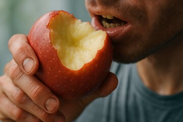 Extreme close-up on an apple being bitten into post-workout.