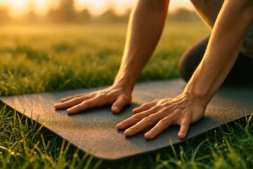 Intimate shot of a person hands on yoga mat in grass during sunrise.