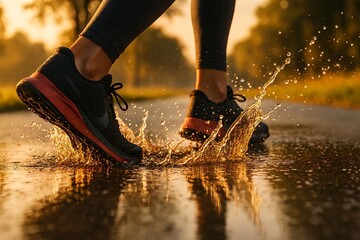 Close-up on feet hitting a wet paved path during a morning run.