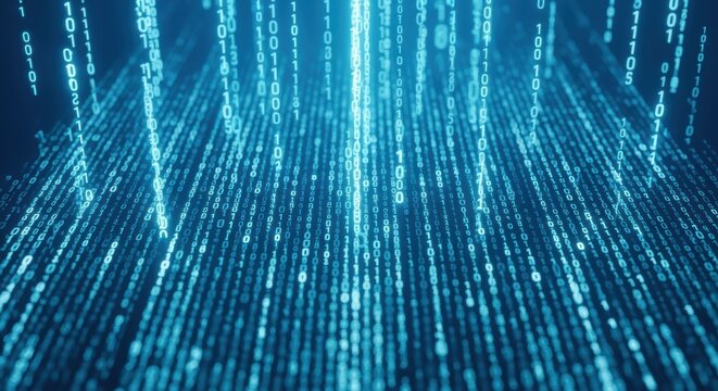 Striking abstract image depicting a dynamic flow of binary code and data streams in shades of blue, representing rapid digital information processing and technological innovation.
