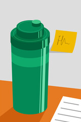 Reusable bottle beside note and document on a clean office workspace.