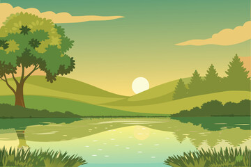 Serene landscape with a calm lake reflecting the sunset and green hills