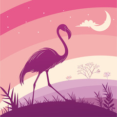 Silhouette of a flamingo walking at night under a crescent moon and stars