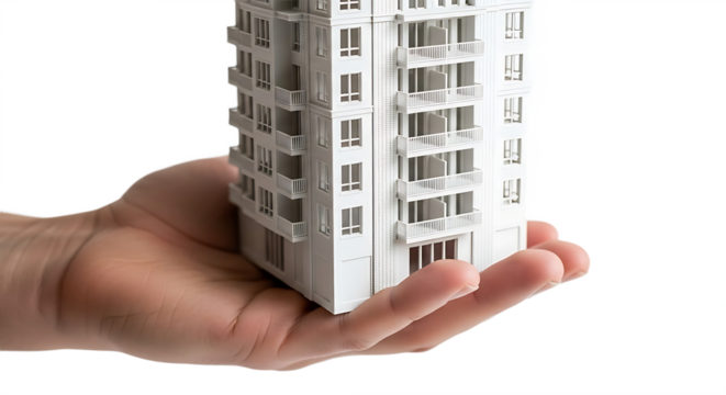 Hand Holding Miniature White Model of a Modern Apartment Building