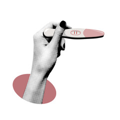 A cut out woman's hand with a positive pregnancy test is a modern vector illustration with a vintage dotted texture on a transparent background. Point of view shot. Top down view. Trendy halftone coll