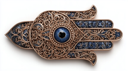 Blue Hamsa hand amulet with an evil eye (nazar) in the center and ornate filigree patterns, isolated on a white background. Symbol of protection, good luck, and spirituality in Middle Eastern, Jewish.
