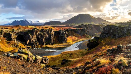 Scenic Landscape of a River, Mountains, and Valley Under a Cloudy Sky