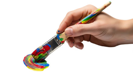 Hand Holding Paintbrush Creating Vibrant Swirl of Colors on White Surface