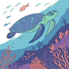 Stylized sea turtle swimming among coral reef and small fish