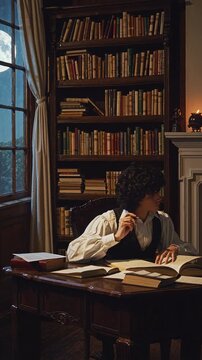 Vintage-style video concept with a young man writing at a wooden desk, surrounded by bookshelves. Shot from a side angle in warm, dim lighting.