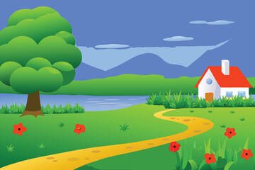 Fototapeta premium A vibrant cartoon landscape featuring a house tree and winding path