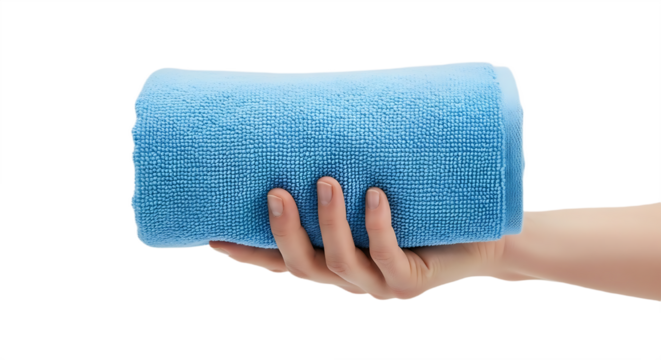 Hand Holding Rolled Blue Microfiber Towel on a White Background
