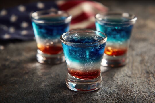 American Vodka. Layered American Flag Cocktails on Table. Alcoholic Beverage Background