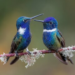 Obraz premium Arguing Vertical. Two Beautiful Hummingbirds in the Appalachian Mountains of Canada
