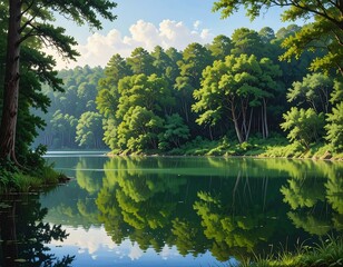 Scenic Landscape of a Serene Lake Surrounded by Lush Green Forest