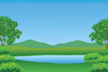 A simple landscape with a lake trees and rolling green hills