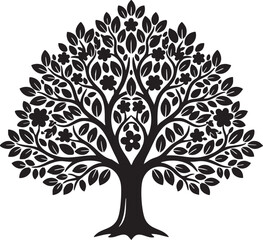 Detailed Tree Illustration, Black and White Tree Drawing, Intricate Leaf Design, Botanical Art, Monochrome Nature Sketch