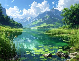 Scenic landscape of a serene lake surrounded by mountains and lush greenery