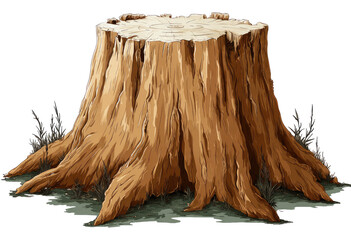 Brown tree stump, roots, and undergrowth
