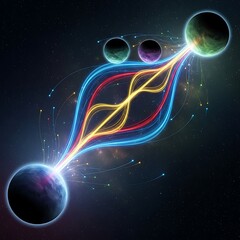 Stunning interstellar connection with vibrant energy streams flowing between planets across the cosmos, perfect for science fiction or technology concepts