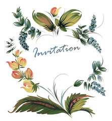 Vector floral pattern for Invitation, Greeting card. Fantasy flowers, leaves on a white background