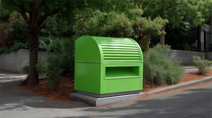 Green trash can on a concrete pedestal on the side of a street. the trash can has a curved top and a small opening on the front. it appears to be empty and is surrounded by trees and shrubs.