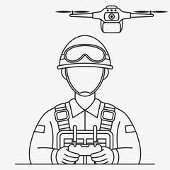 Linear Icon of Soldier Operating FPV Drone with Remote Control