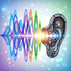 Experience vibrant sounds with advanced hearing technology, showcasing colorful waves and robotic ear design for innovative audiology solutions