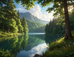 Scenic landscape of a tranquil lake surrounded by lush green forest and mountains