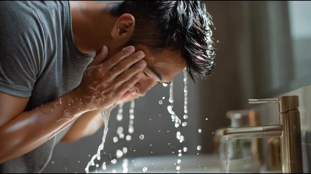 Man enjoys refreshing hand wash at modern bathroom sink while smiling and feeling clean and revitalized