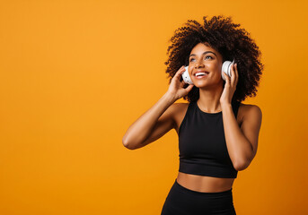 Workout Motivation: Fit Black woman enjoying a music playlist while exercising.
