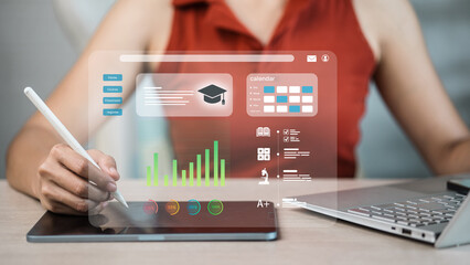 Woman Using Stylus on Tablet with LMS Dashboard, Calendar and Analytics