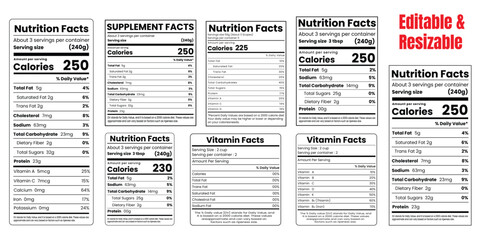 nutrition facts label, supplement facts template, vitamin facts ,nutrition fact template vector illustration.