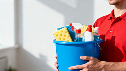 Person holding bucket with cleaning supplies