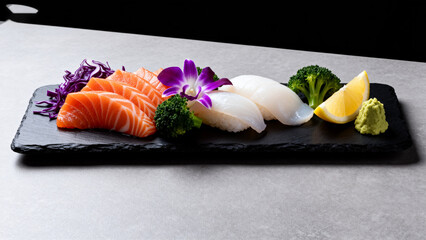 Sushi plate with salmon and garnishes