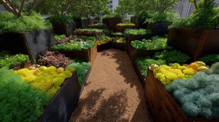 Beautiful garden with multiple wooden planters filled with different types of plants. the planters are arranged in a circular pattern, creating a pathway-like effect.