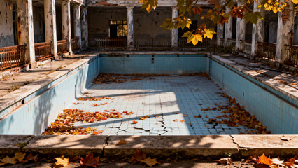 Abandoned pool with autumn leaves