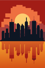 City Skyline Reflected on Water at Sunset Illustration