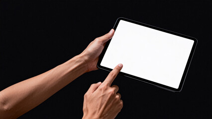 Hand holding tablet with white screen