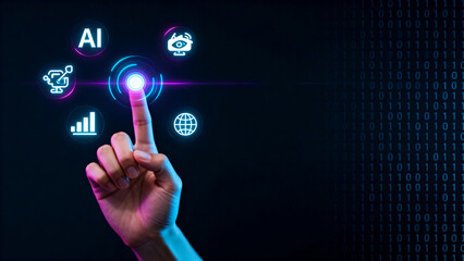 Finger touching AI icons on digital screen