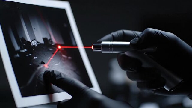 Professional using laser pointer on digital screen to examine data and information