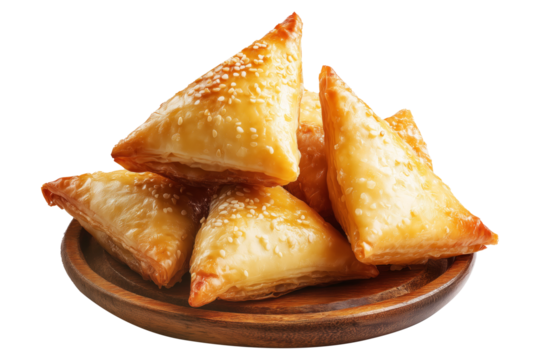 Briouat triangular fruit filled pastries, phyllo pastries filled with meat or almonds isolated on white transparent background, concept of Arabic sweet baked desserts