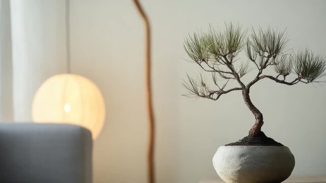 A small bonsai tree in a pot sits next to a lamp on a table