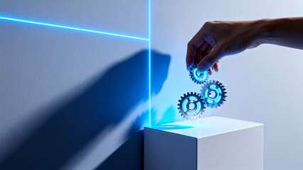 Hand placing gears with blue light