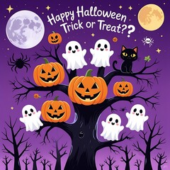 Fototapeta premium Happy halloween trick or treat with ghosts pumpkins and black cat.