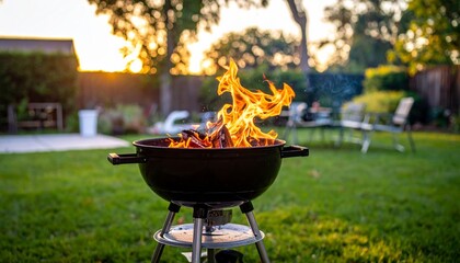Hot barbecue on a grill over a campfire in the forest for outdoor cooking