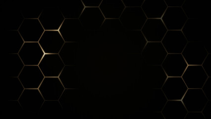 Pattern of glowing gold hexagons on black background. Technology, connection and data concept. High...