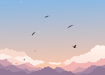pastel watercolor sky with bird silhouettes background