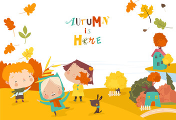 Happy Kids playing in Meadow in Countryside Village Surrounded by Autumn Garden and Trees. Vector Illustration