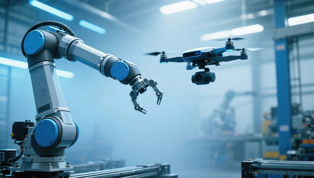 Robotic arm drone smart factory automation industrial collaboration blue technology innovation precision work flows with focused mood